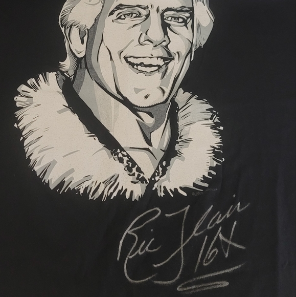 NATURE BOY RIC FLAIR HAND SIGNED WCW FACE PRINT VERY RARE SHIRT WOOOOO